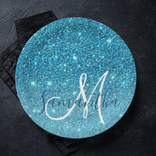 Modern Blue Glitter Sparkles Personalised Name Paper Plate