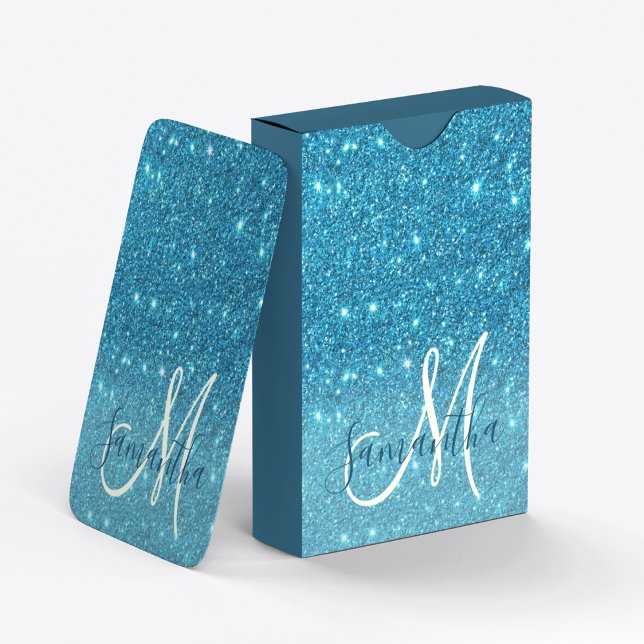 Modern Blue Glitter Sparkles Personalised Name Playing Cards (Creator Uploaded)
