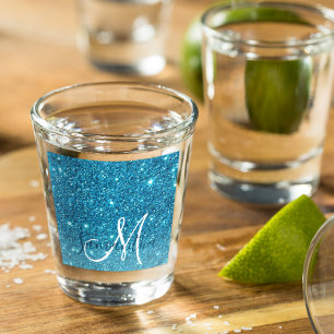 Modern Blue Glitter Sparkles Personalised Name Shot Glass