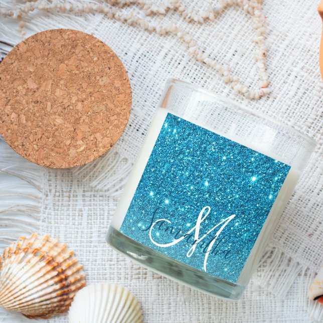 Modern Blue Glitter Sparkles Personalised Name Square Sticker (Creator Uploaded)