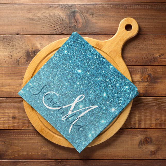 Modern Blue Glitter Sparkles Personalised Name Tea Towel (Creator Uploaded)