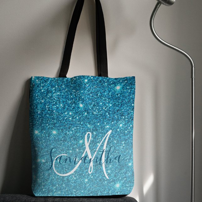 Modern Blue Glitter Sparkles Personalised Name Tote Bag (Creator Uploaded)