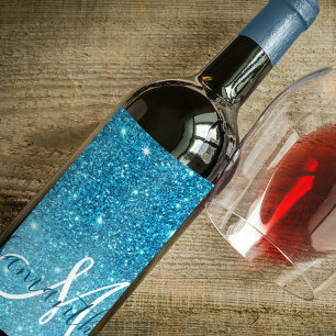 Modern Blue Glitter Sparkles Personalised Name Wine Label