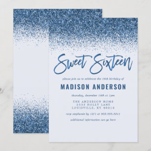 Modern Blue Glitter Sweet 16 Birthday Party Invitation