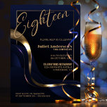 Modern Blue Gold 18th Birthday Party Invitation<br><div class="desc">Celebrate your milestone 18th birthday in style with our chic and sophisticated blue party invitation. With its customisable text, you can personalise the invitation. This invitation features a fine gold frame that encloses the text, adding a touch of luxury to your special occasion. The gold and blue abstract wavy ribbon...</div>