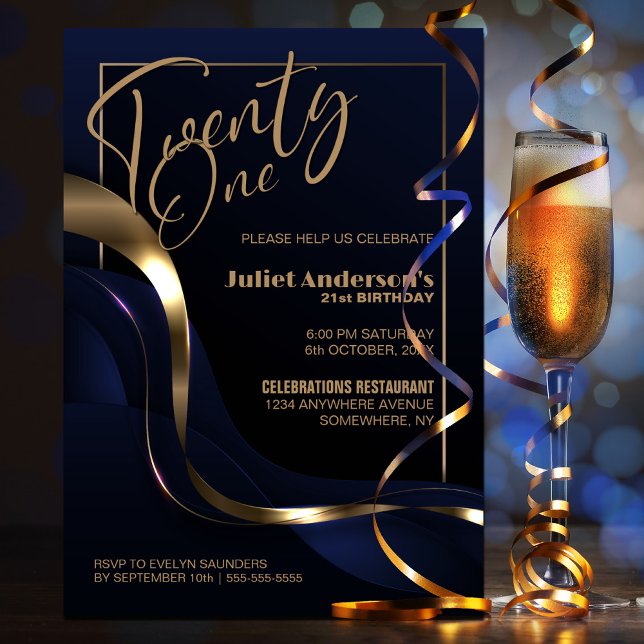 Modern Blue Gold 21st Birthday Party Invitation (Creator Uploaded)