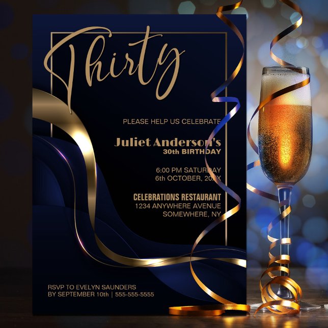 Modern Blue Gold 30th Birthday Party Invitation (Creator Uploaded)