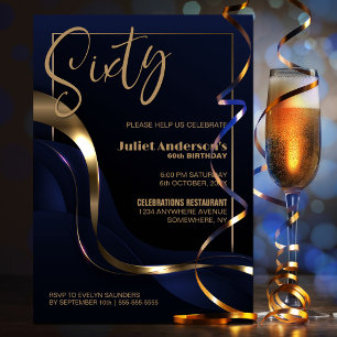 Modern Blue Gold 60th Birthday Party Invitation
