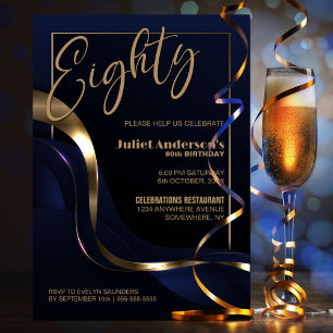 Modern Blue Gold 80th Birthday Party Invitation