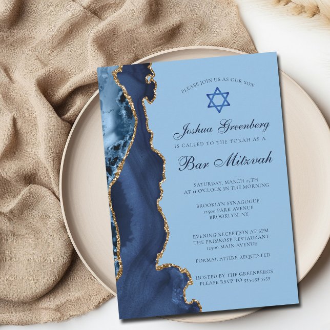 Modern Blue Gold Agate Bar Mitzvah Party Invitation (Creator Uploaded)