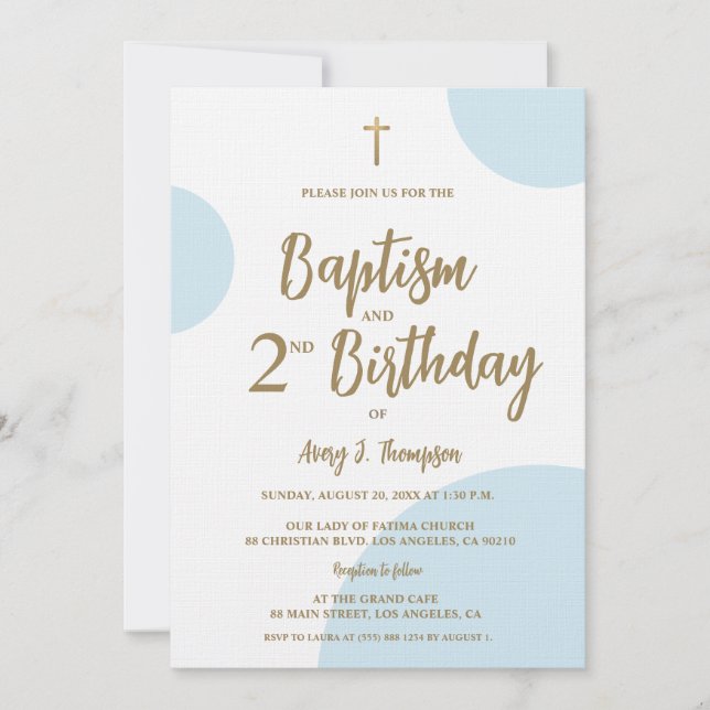 Modern Blue & Gold Baptism and Second Birthday  Invitation (Front)