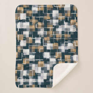 Modern Blue Gold Brown Black White Plaid Sherpa Blanket