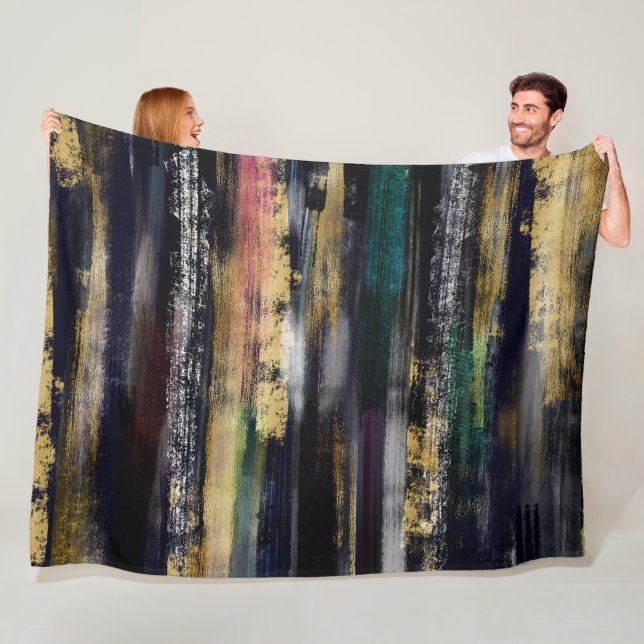 Modern Blue Gold Brushstrokes Abstract Painting Fleece Blanket (In Situ)