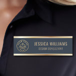 Modern Blue Gold Business Logo Name Tag<br><div class="desc">Elevate your employees' professional look with this sleek blue and gold name tag. Personalise it with their name,  title,  and even your company logo for a touch of branding. The clear and easy-to-read font ensures your information is always visible.</div>