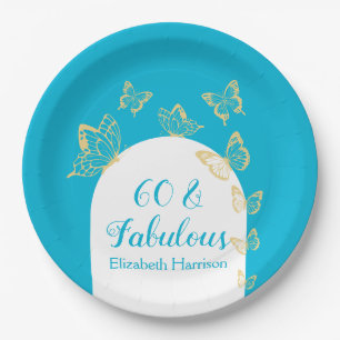 Modern Blue Gold Butterflies Fabulous Birthday Paper Plate