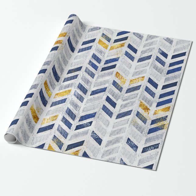 Modern Blue Gold Chevron Artistic Painting  Wrapping Paper (Unrolled)