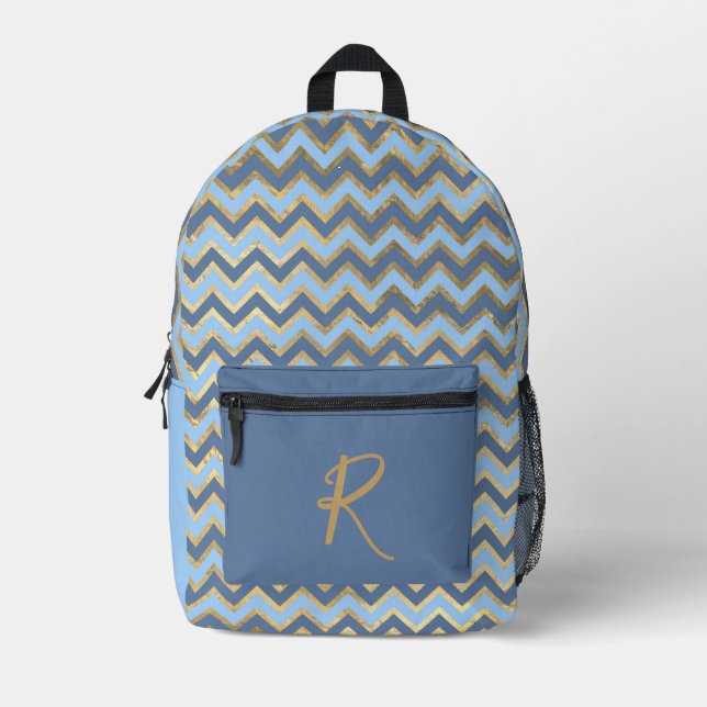 Modern Blue & Gold Chevron Stripes Personalised Printed Backpack (Front)