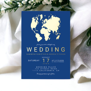 Modern blue gold chic world map wedding photo
