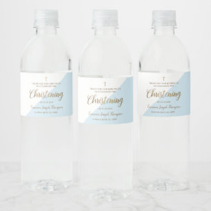 Modern Blue Gold Christening Script Thank You Water Bottle Label