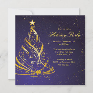 Modern Blue & Gold Christmas Holiday Party Invitation