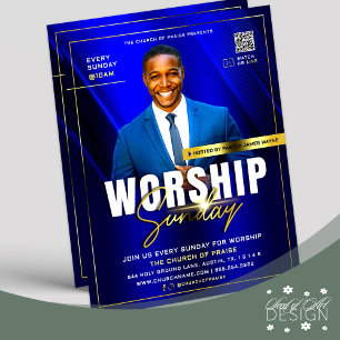 Modern Blue & Gold Church Worship Sunday Service Flyer