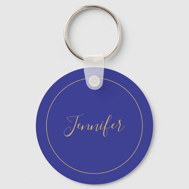 Modern Blue & Gold Color Calligraphy Plain Unique Key Ring (Front)