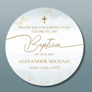 Modern Blue Gold Cross Boy Baptism Classic Round Sticker