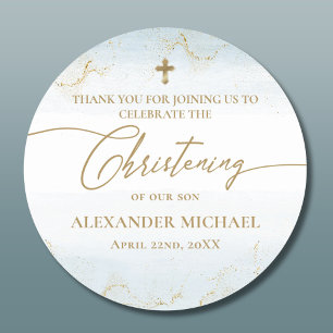 Modern Blue Gold Cross Boy Christening Classic Round Sticker