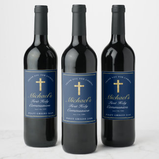 Modern Blue Gold Cross Boys 1st Communion Welcome Wine Label