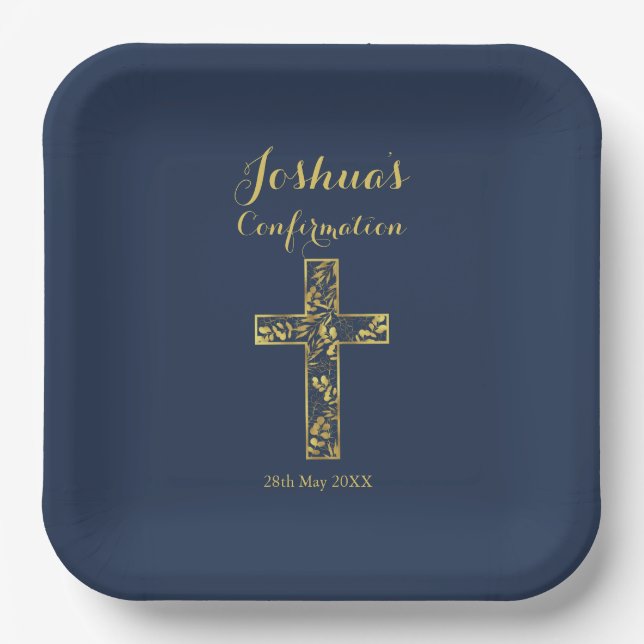 Modern blue gold cross name boy confirmation paper plate (Front)