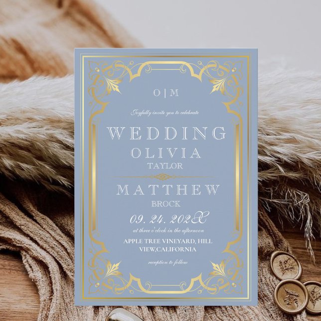 Modern Blue Gold Elegant Ornate Romantic Wedding Invitation (Creator Uploaded)