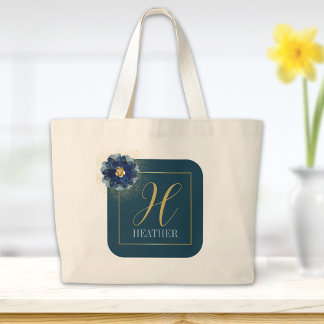 Modern Blue Gold Floral Name and Monogram Tote Bag