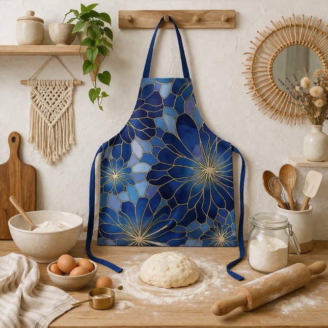 Modern Blue Gold Floral Pattern Apron (Creator Uploaded)