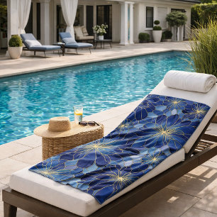 Modern Blue Gold Floral Pattern Beach Towel