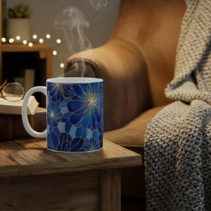Modern Blue Gold Floral Pattern Coffee Mug