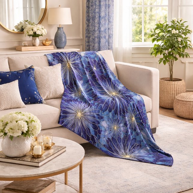 Modern Blue Gold Floral Pattern Fleece Blanket (Creator Uploaded)