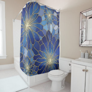 Modern Blue Gold Floral Pattern Shower Curtain