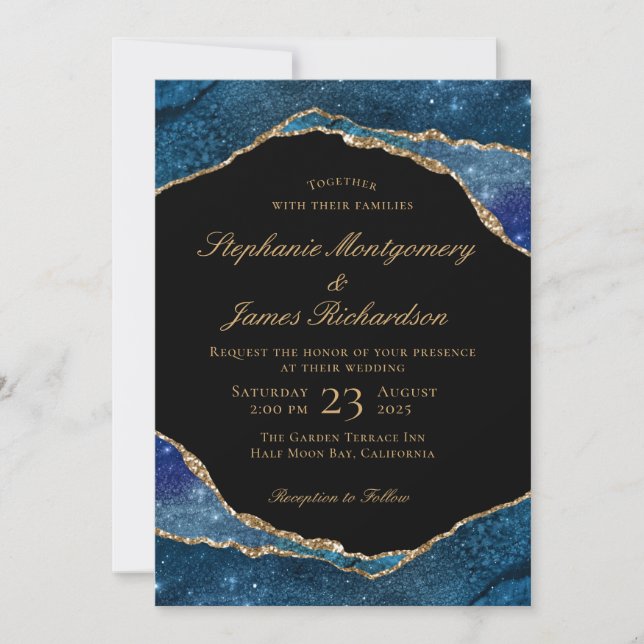 Modern Blue Gold Foil Agate Watercolor Wedding Invitation (Front)