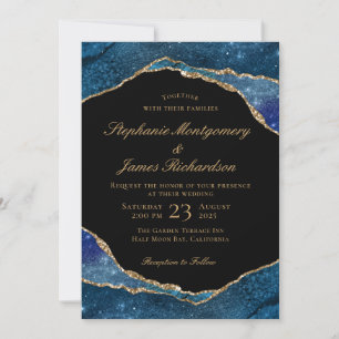 Modern Blue Gold Foil Agate Watercolor Wedding Invitation