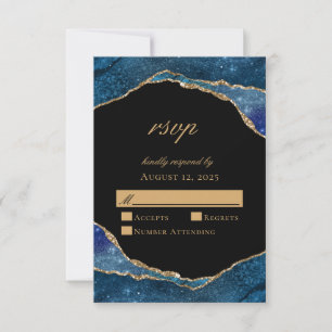 Modern Blue Gold Foil Agate Wedding RSVP Card
