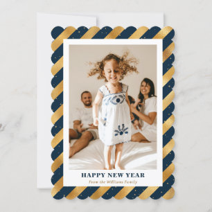 Modern Blue Gold Foil Photo Happy New Year Card