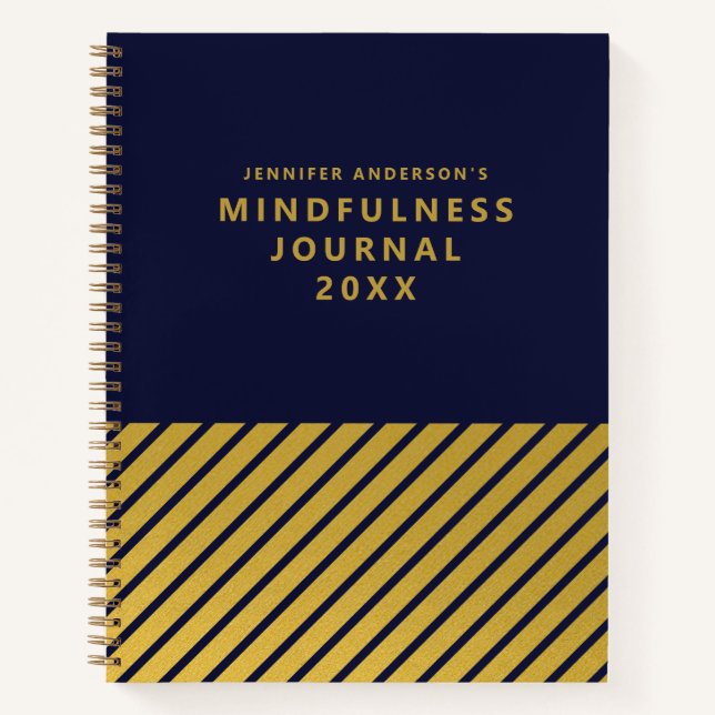 Modern Blue Gold Foil Stripes Mindfulness Journal (Front)