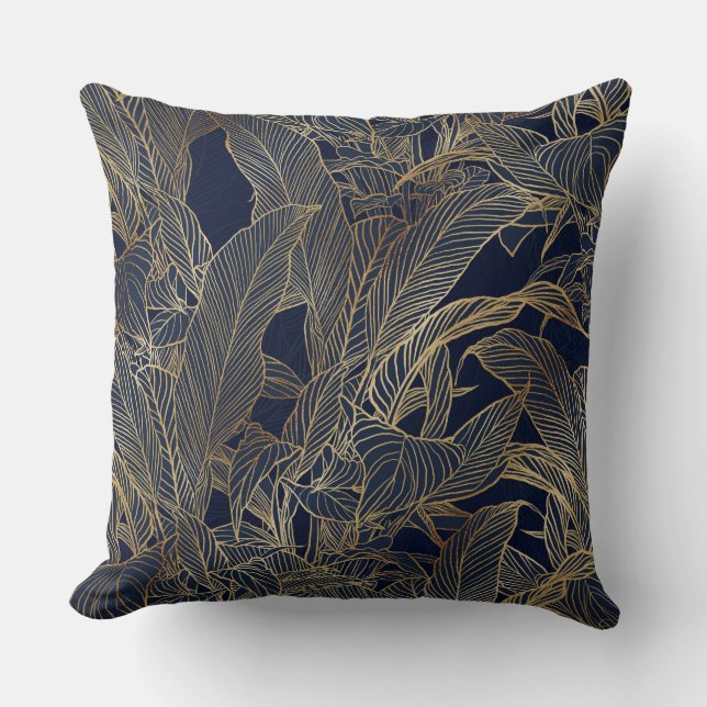 Modern Blue Gold Foliage Plant Botanical Design Cushion (Front)