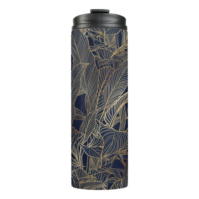 Modern Blue Gold Foliage Plant Botanical Design Thermal Tumbler (Front)