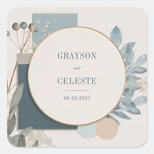 Modern Blue Gold Geometric Botanical Wedding Square Sticker (Front)