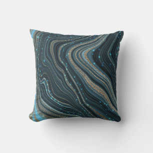 Modern Blue Gold Glitter Agate Watercolor Cushion