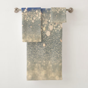 Modern Blue Gold Glitter Bokeh Bath Towel Set