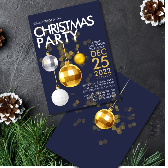 Modern Blue Gold glitter ornament Christmas Party Invitation (Creator Uploaded)