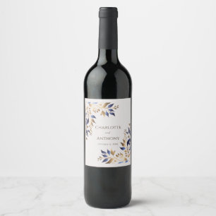Modern Blue Gold Greenery Personalised Wedding Wine Label