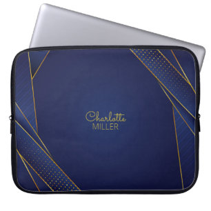 Modern Blue-Gold Halftone Pattern and Custom Name Laptop Sleeve